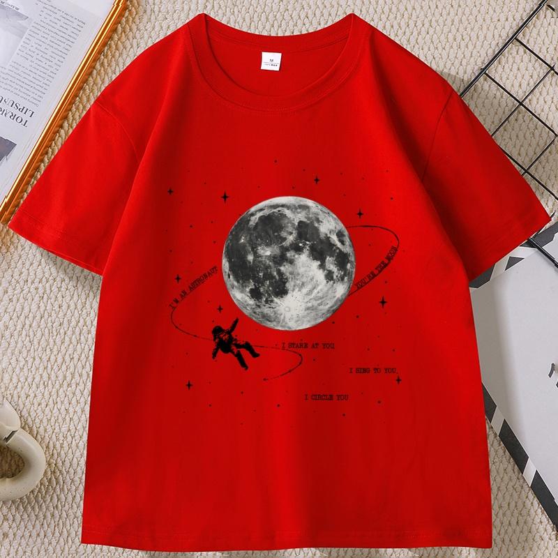 Vintage Astronaut Moon T-Shirt Retro Moon Graphic Tee Cotton Short Sleeve Round Neck Printed T Shirts Casual Unisex Streetwear
