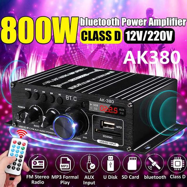 AK380 800 Вт 12 В домашний автомобиль Hi-Fi усилитель мощности стерео бас аудио усилитель динамик класса D автомобильный домашний звуковой усилитель мощности