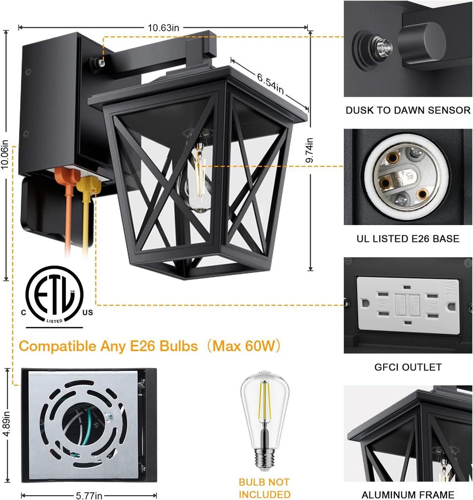 Уличные светильники от заката до рассвета со встроенными розетками, водонепроницаемые и устойчивые к ржавчине алюминиевые уличные светильники с розетками GFCI