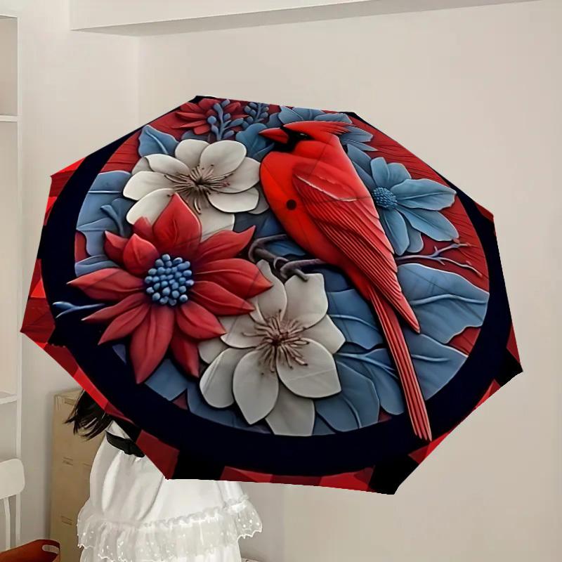 1pc Red Cardinal Bird Automatic Folding Umbrella, Heavy-Duty 8-Rib Construction, Perfect for Everyday yy251114128