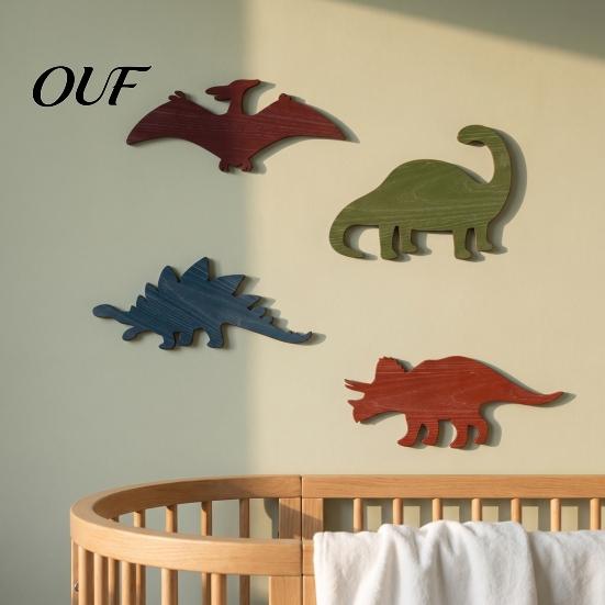 Unique Wooden Wall Art for Kids 4Pcs/Set Dinosaur Decor Room, Retro Stegosaurus Plesiosaur Decorative Shapes And Pterosaur with Hanging Hooks Nursery