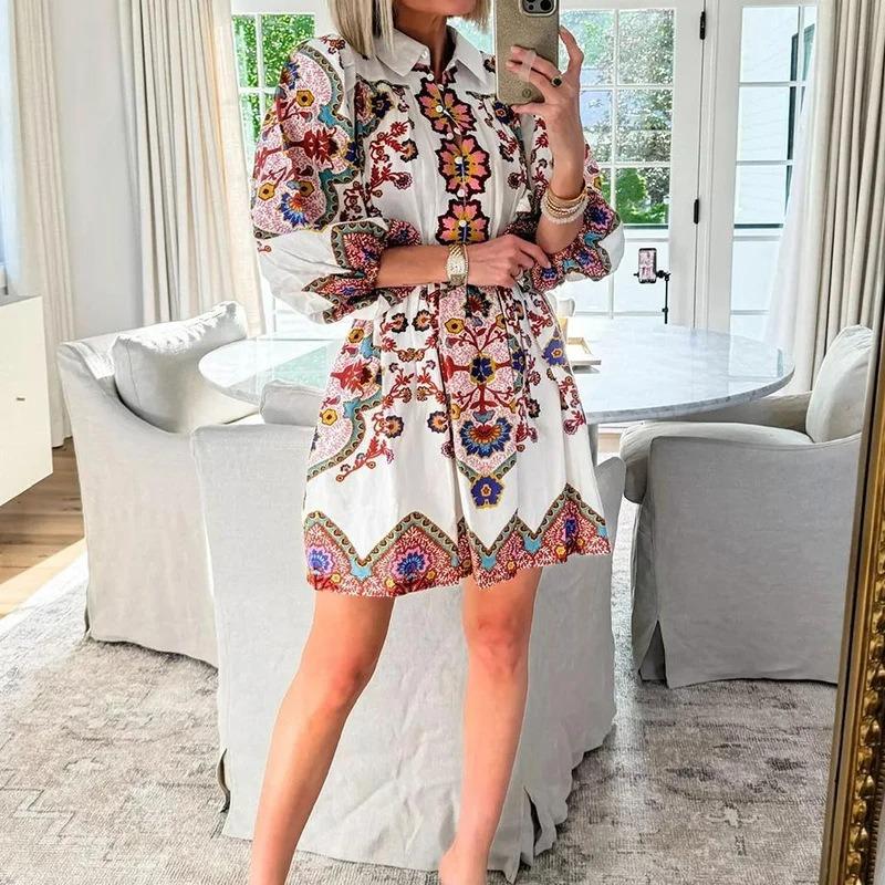 Весенняя женская мода V-образный вырез рукав-фонарик темперамент печать талия тонкие платья