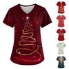 Женская мода с рождественским принтом и короткими рукавами с v-образным вырезом, маленькая рабочая футболка с карманами