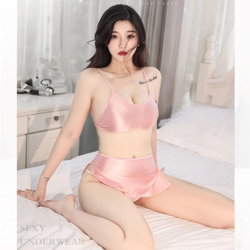 Комплект нижнего белья Женский Сексуальный Блестящий Глянцевый Топ Мини-юбка с высоким разрезом Костюм Прозрачное нижнее белье Фантазийная Эротическая одежда для ночного клуба