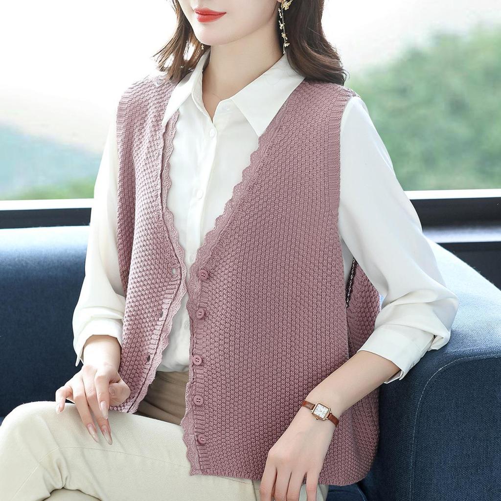 Вязаный жилет с V-образным вырезом и кружевной отделкой - Женский модный кардиган без рукавов на весну/осень для мам среднего возраста