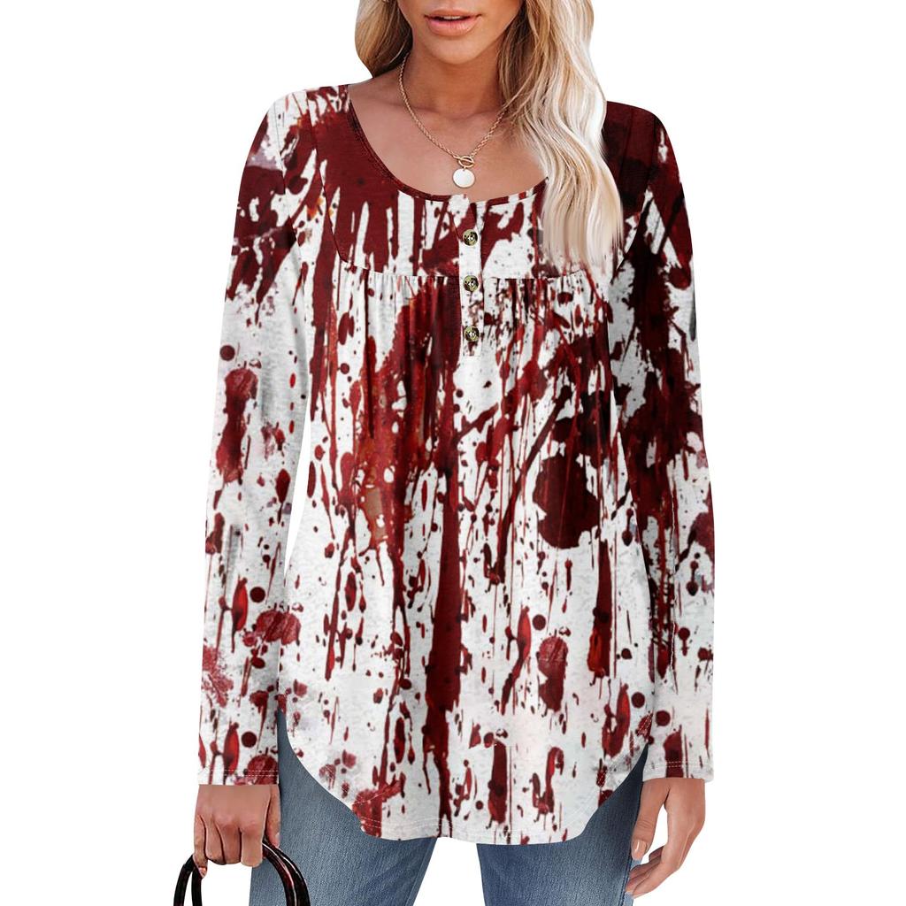 Женская туника с длинным рукавом, свободные топы, повседневные топы оверсайз, плиссированная туника, застегивающаяся на пуговицы, повседневные женские топы с принтом