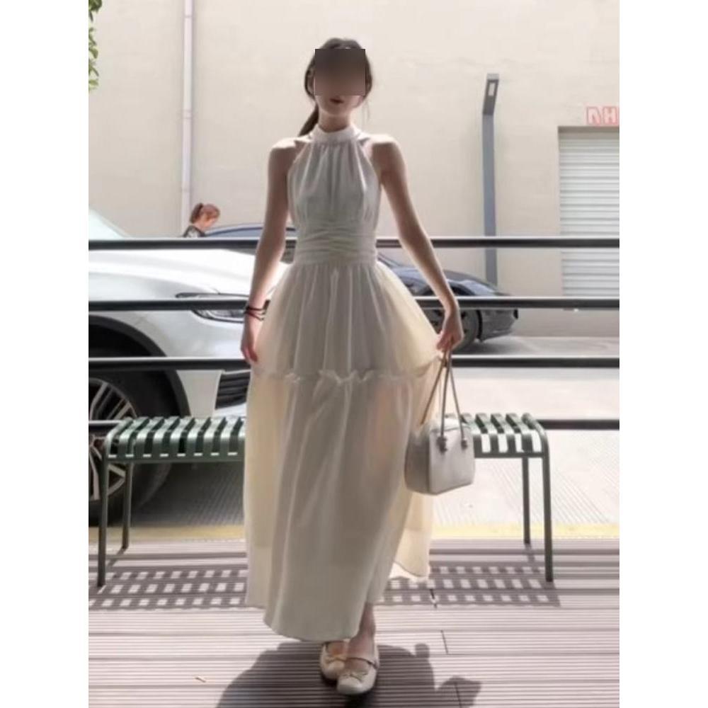 Детское летнее платье без рукавов на бретелях через шею, в новом стиле для морского отдыха, с завышенной талией, тонкое, с французским темпераментом, длинное