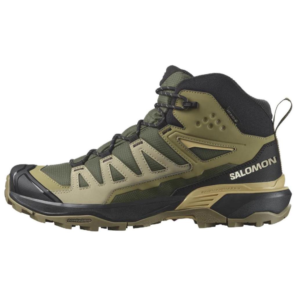 SALOMON Mid Gore-Tex Round Toe Lace-Up Shock Absorbing Durable Mid-Top Hiking Shoes Men Hiking Shoes Green Black 474477