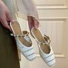 Fashion French Woven Cutout Slip-on Half Slippers Fashion New Square Toe Shallow Mouth Metal Buckle Block Heel Wrapped Sandals