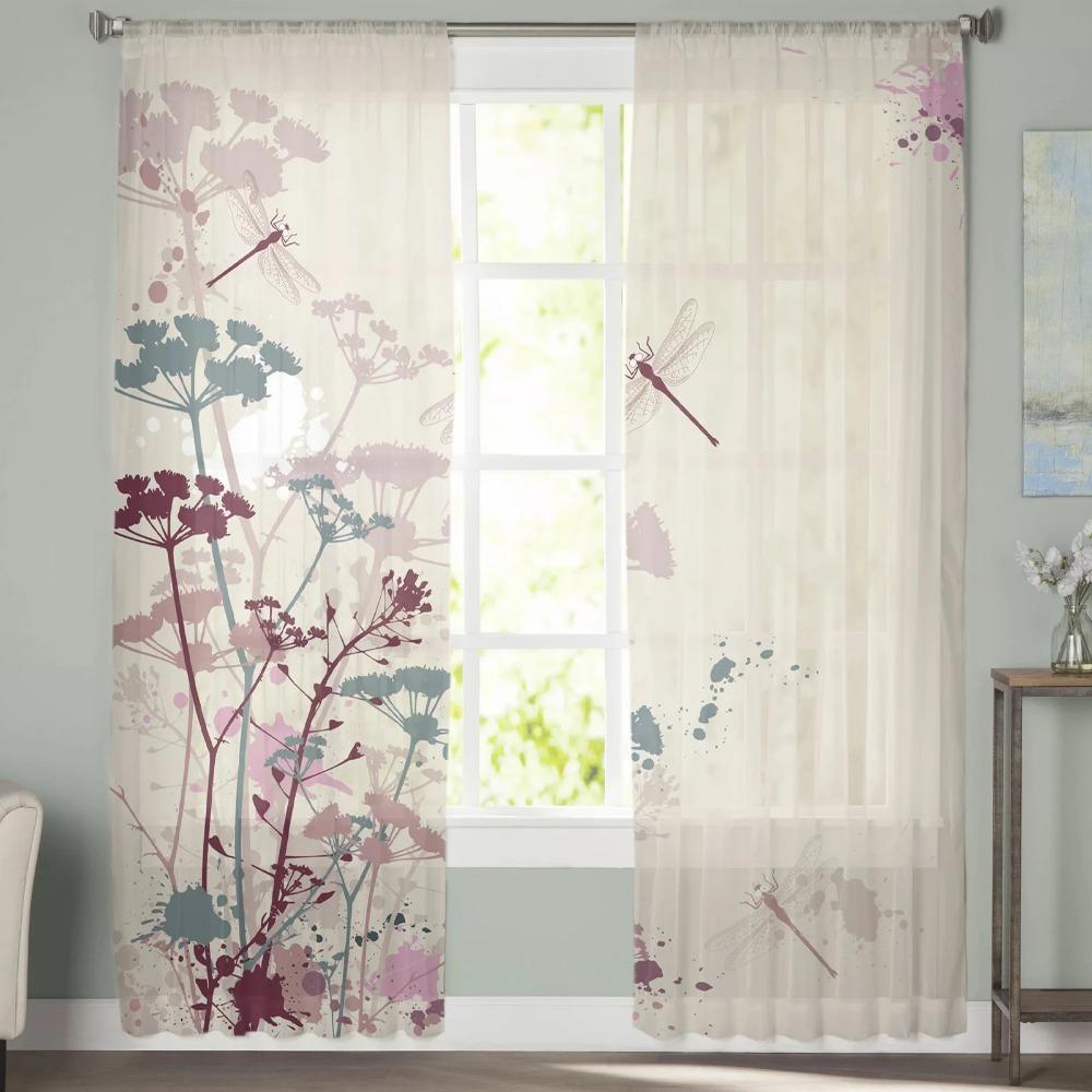 Watercolor Flowers Dragonfly Art Drapes for Living Room Bedroom Decor Transparent Chiffon Sheer Window Curtain