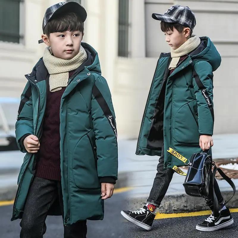 Boys Winter Long Jacket Style Solid Color Thick Keep Warm Hooded Windbreaker For 3-10 Years Kids Down Cotton Outwear