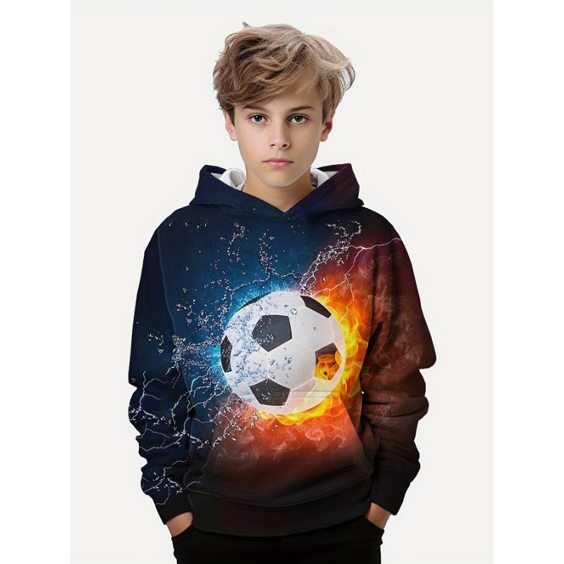Детская мода, повседневный пуловер с капюшоном и длинными рукавами для мальчиков с 3D принтом «Футбол», весна-осень, детская толстовка с капюшоном, топы, одежда
