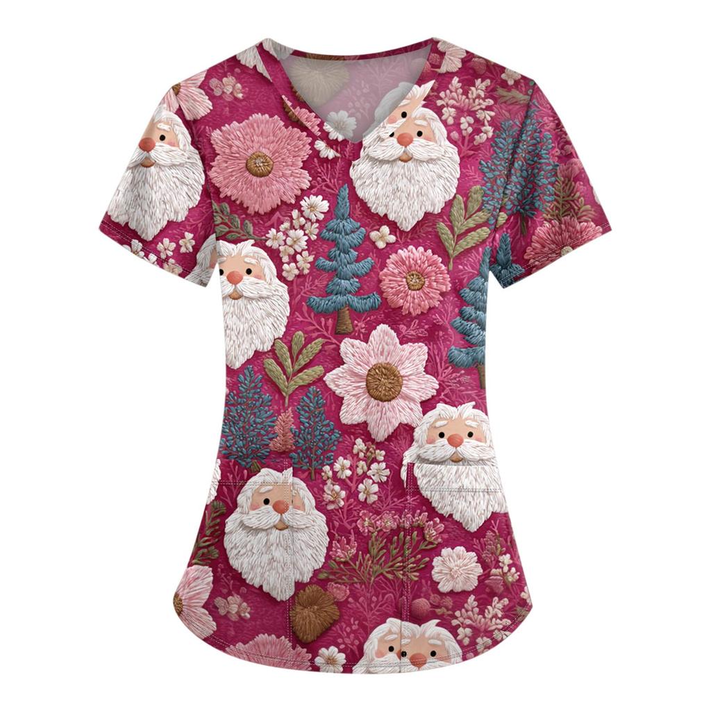 Женские топы с короткими рукавами и v-образным вырезом с рождественским принтом, рабочая блузка с карманами