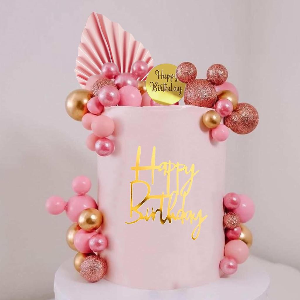Happy Birthday Cake Topper Pink Balls Cake Topper Butterfly Balls Cake Decorations for Baby Shower Wedding Birthday Party
