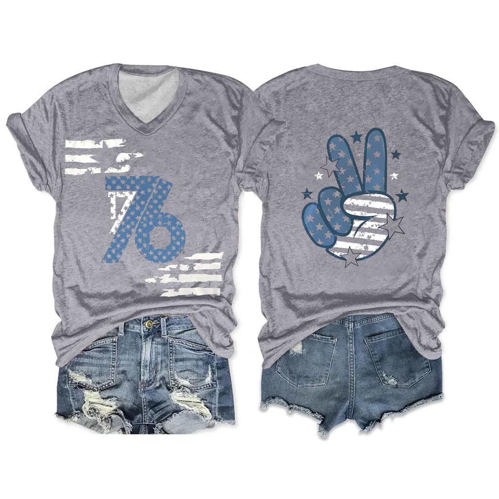 Women'S T-Shirt Casual Loose Printed V-Neck Pullover Short Sleeved Top