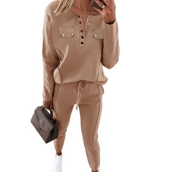 2 шт./комплект женский топ брюки костюм круглый вырез длинный рукав однотонная блузка эластичный пояс облегающие брюки повседневная одежда спортивный наряд