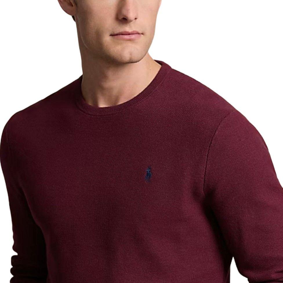 Polo Ralph Lauren Свитер мужской вязаный однотонный с вышивкой логотипа маленькой лошади, с круглым вырезом и длинным рукавом, бордовый 710918163-514