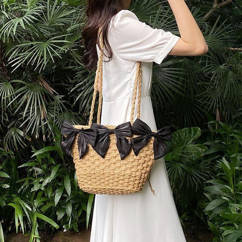 Seaside Resort Straw Bag Women's Summer Beach Bag Bow Braided Large Capacity Crossbody Bag
