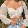 Women Sexy V-neck Off Shoulder Blouses Summer Drawstring Bandage Long Sleeve Tops Ladies Fashion Short Clothes