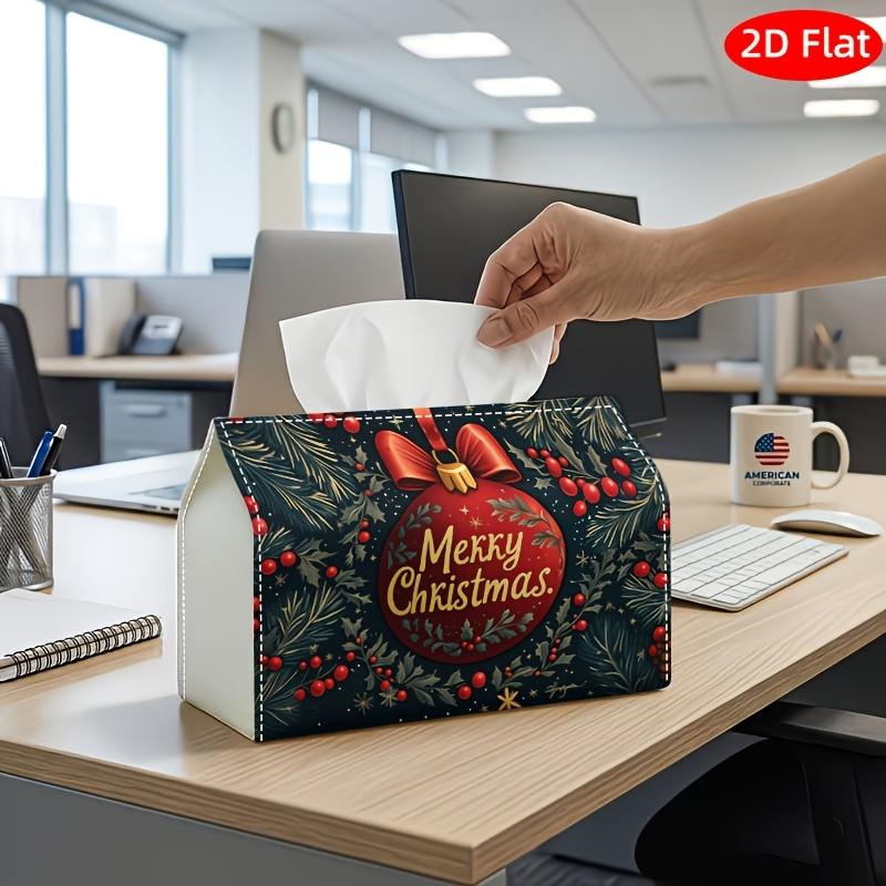 2D Flat, 1pc Tissue Box, Printed on Both Sides, Christmas Multi Use Tissue Holder Featuring a Merry Christmas Red Wreath Design Sturdy Polyester Stora