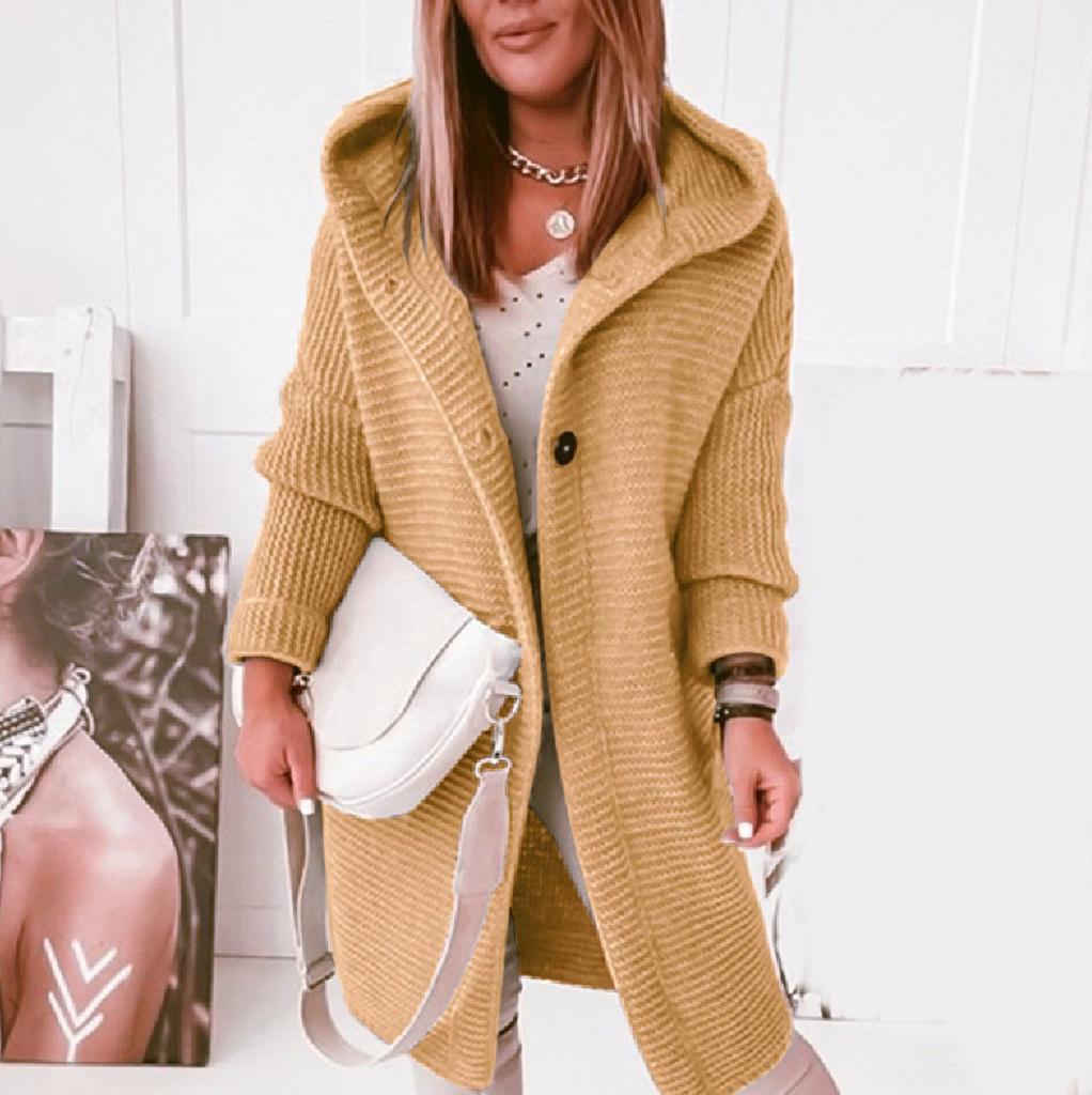 Women's Hooded Knitted Cardigan Solid Color Long Sweater Coat Thickened Winter Warm