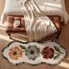 Soft Fluffy Runner Mat Polyester Floral Mat with Red & White Flowers, Beige Bedside Hallway Mat for Bedroom Living Room Home Decor