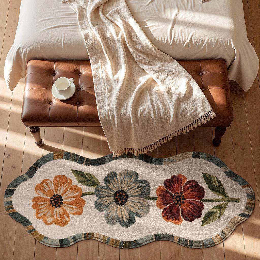 Soft Fluffy Runner Mat Polyester Floral Mat with Red & White Flowers, Beige Bedside Hallway Mat for Bedroom Living Room Home Decor