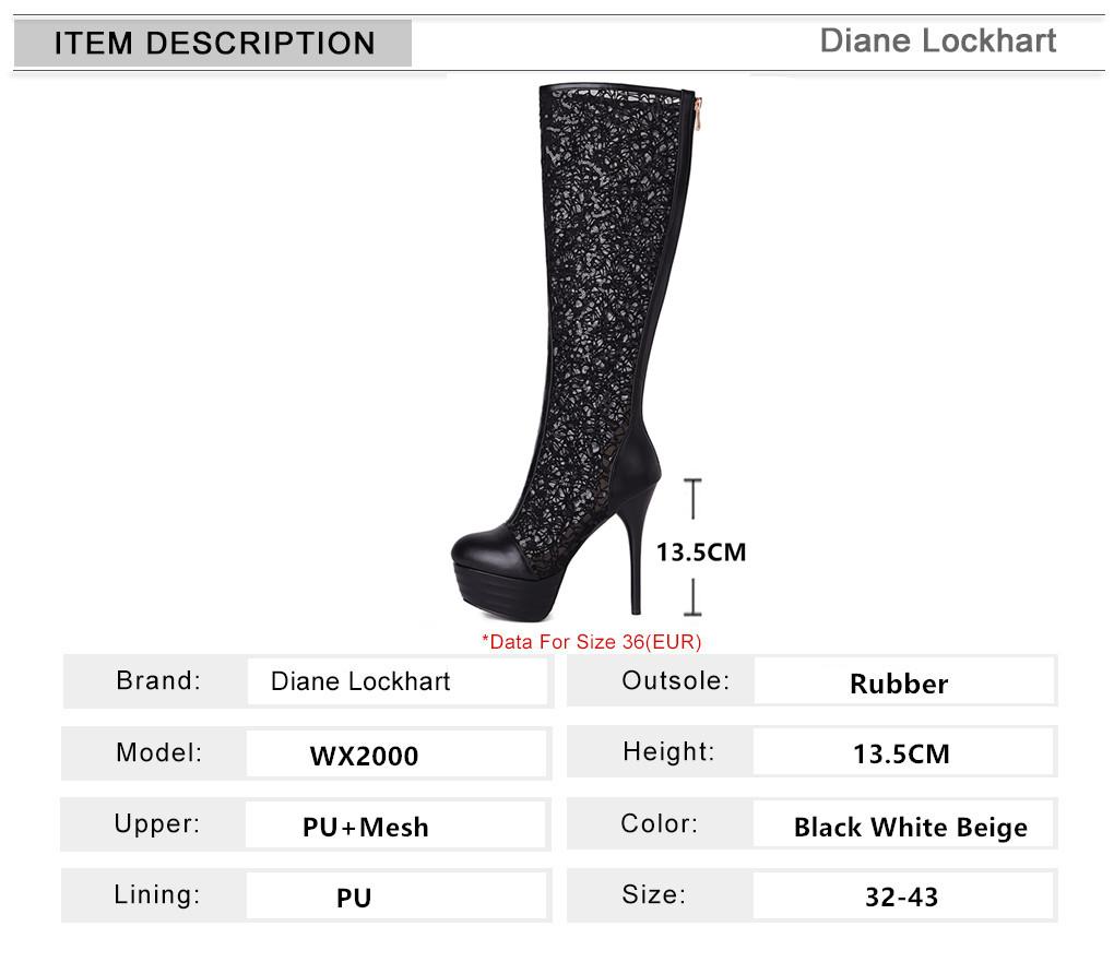 Мода Лето Сексуальные Туфли на Тонком Высоком Каблуке с Платформой Ночной Клуб Ажурные Сапоги до Колена Женские С Круглым Носком Кружево Сетка Застежка-Молния Обувь Сандалии Белый Черный