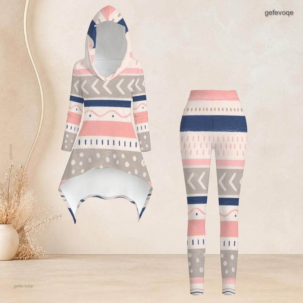 Women Plus Size Hooded Long Sleeve Printed High Low Top Fitted Pants Two Piece Set