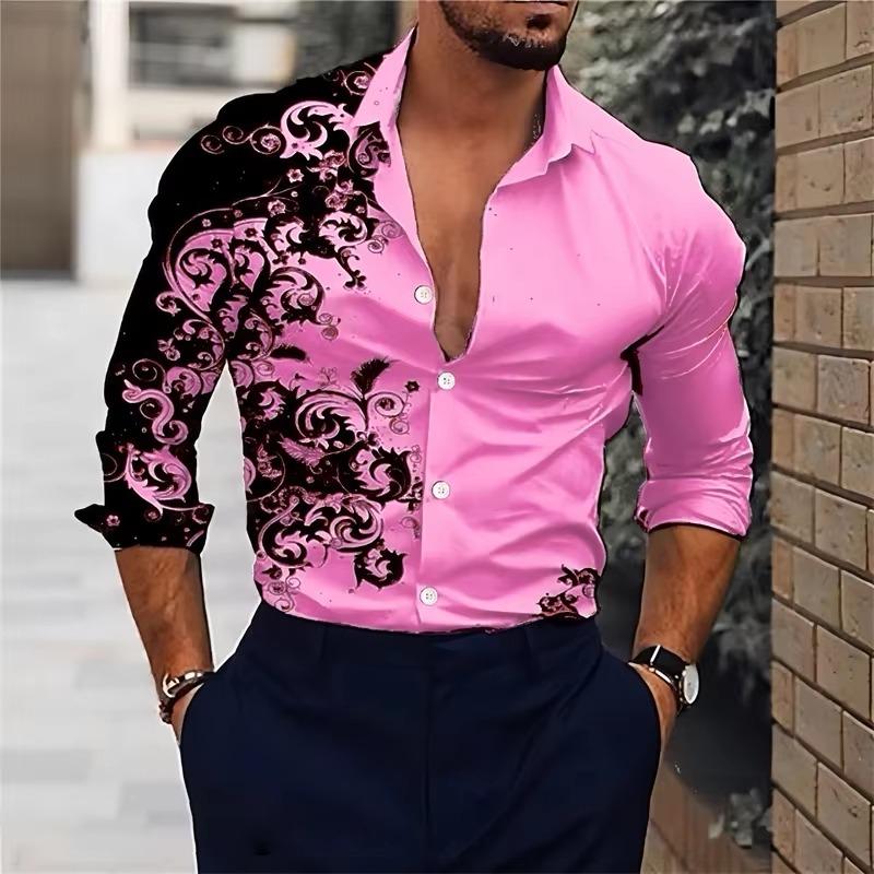 Мужская стильная красная рубашка с цветочным принтом - Повседневная рубашка с длинным рукавом на пуговицах, весенняя мода, рубашка с цветочным принтом