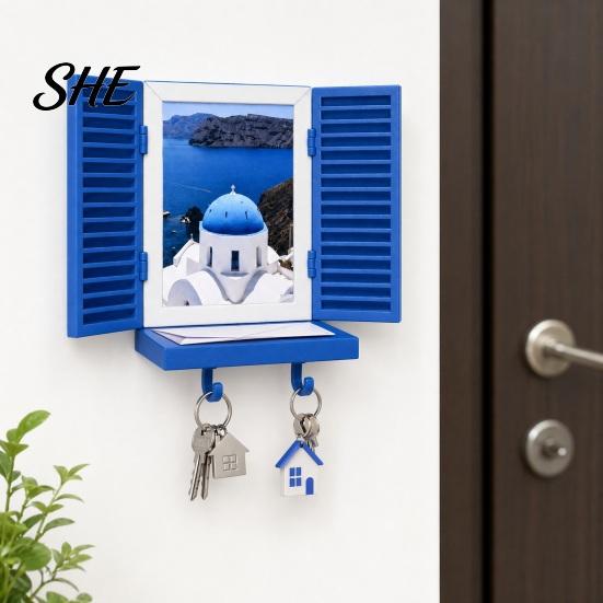 Functional Wall Decor Key Holder with Hidden Storage Shelf, Mediterranean-Style Window Frame Photo Personalized Display Stand, Entryway Organizer