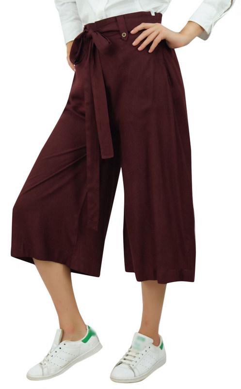 Bimba Женские брюки-капри из искусственного шелка с широкими штанинами, повседневные летние брюки с резинкой сзади и поясом, черные -