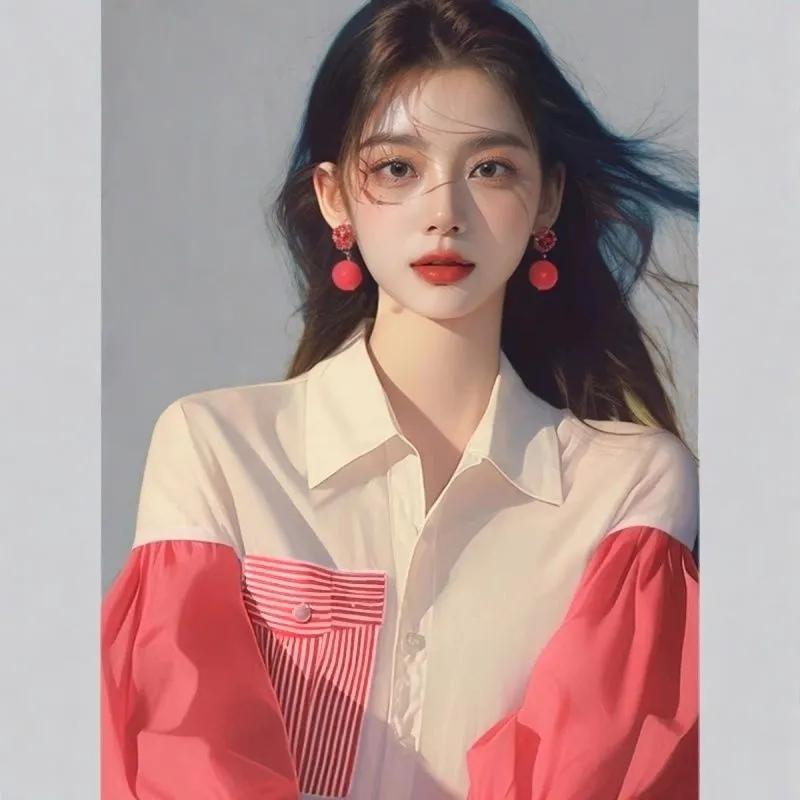 Уникальная блузка с короткими рукавами-пузырями для женщин с нишевым дизайном, свободного кроя, лоскутная, с длинными рукавами