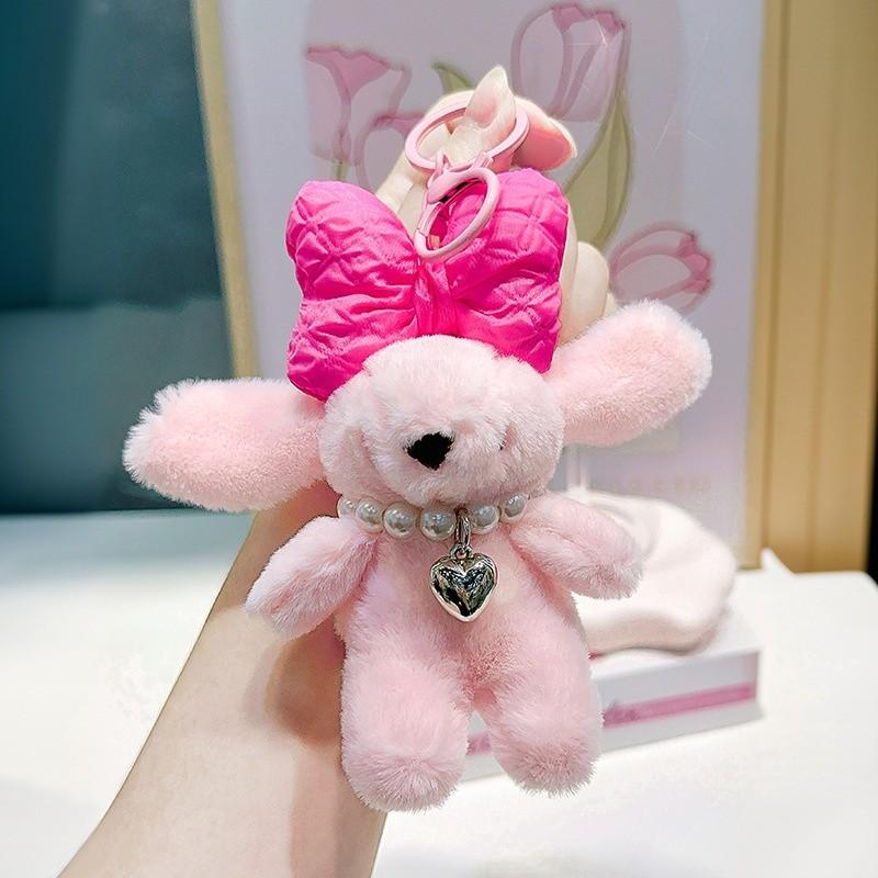 Necklace Pearl Bow Rabbit Plush Key Chain Bag Pendant Toy Doll Cute Kids Gift
