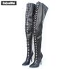 Over The Knee Boots 12CM High Heel Fetish Lace Up Zip Crotch Flex Matt PU Thigh High Boots