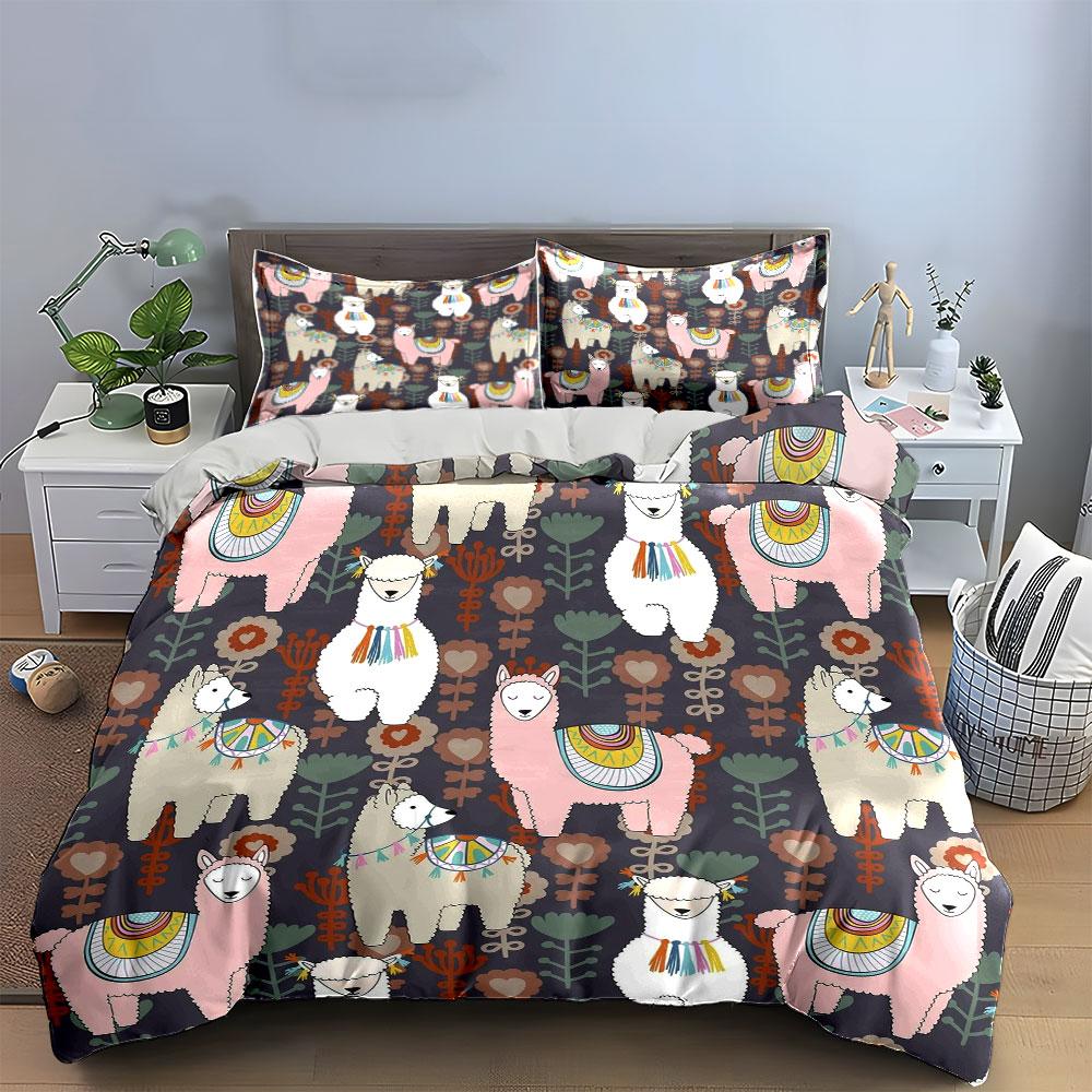 Colorful Llama Floral Bedding Set Bedding Duvet Cover Set Duvet Cover Pillowcases (1 * Duvet Cover 2 * Pillowcases, without duvet insert)