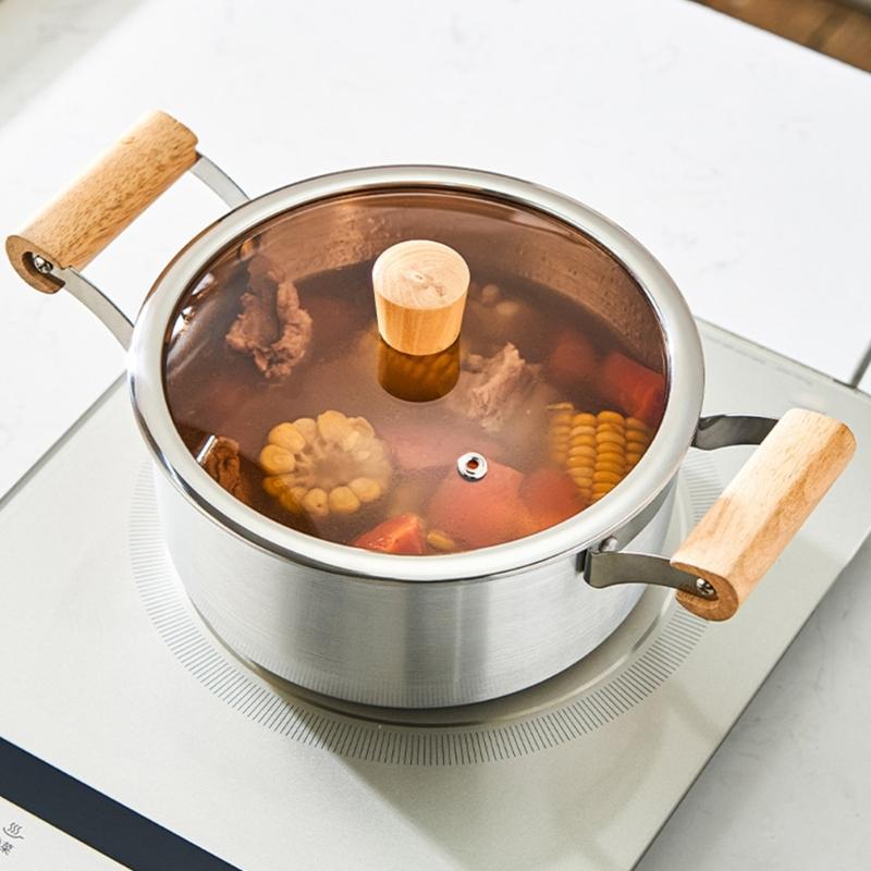 Алюминиевая суповая кастрюля с двойной деревянной ручкой и стеклянной крышкой для газовых и индукционных плит. Многоцелевое применение для приготовления пищи.