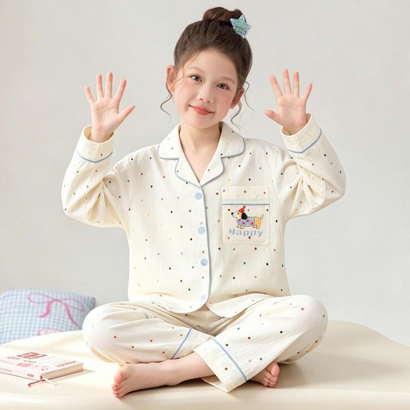 Girls Long Sleeve Cloud Cotton Pajamas Set Cute Open Front Homewear