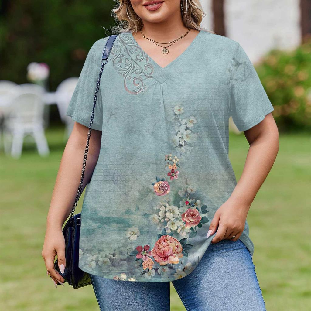 Женская модная повседневная свободная блузка большого размера с коротким рукавом, элегантная с V-образным вырезом, для работы