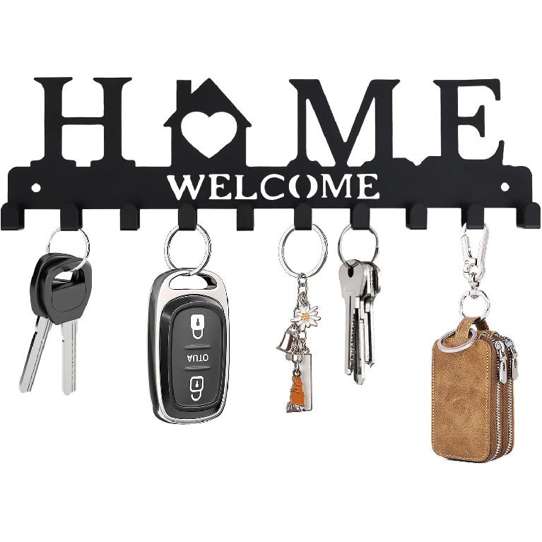 Настенный держатель для ключей, Металлический крючок для ключей на клейкой основе с 6 двойными крючками, 2 способа крепления, Черный