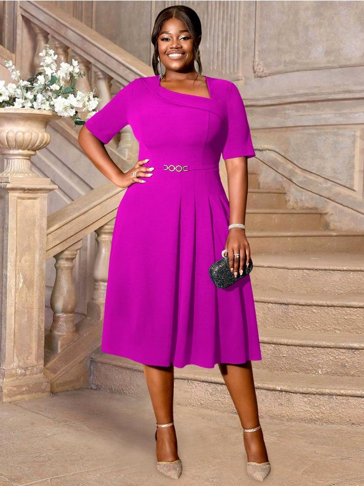 Women's Party Dress V-neck Pleated Hem Simple Mid Waist Commuting Dress Elegant Daily Casual Short Sleeved Solid Color Dresses