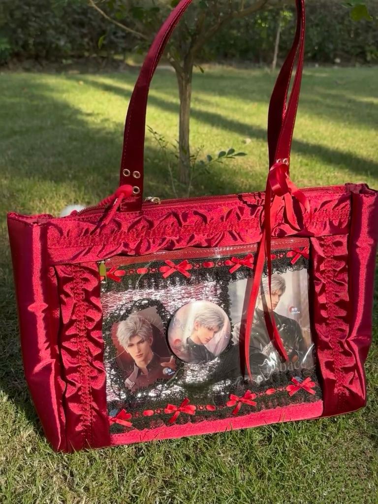 Japanese Sweet Cute Satin Bow Tie Shoulder Bag Women Transparent Badge Anime Ita Bag Ladies Large Capacity Square Handbag 2025