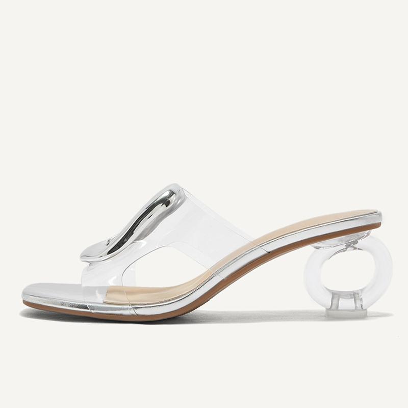 Мода Liyke Мода Ажурные Металлические Дизайнерские Шлепанцы Женские Прозрачные Тапочки Квадратный Носок Странный Прозрачный Высокий Каблук Мюли Обувь Сандалии