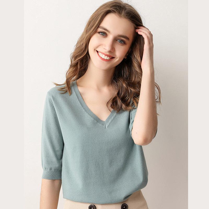Spring Summer Women's T-shirt Short-sleeved Sweater Knit Sweater V-neck Half-sleeve Tide Loose Bottoming Shirt T-shirt