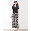 Lazy style loose hollow solid color top+printed casual pants two-piece set