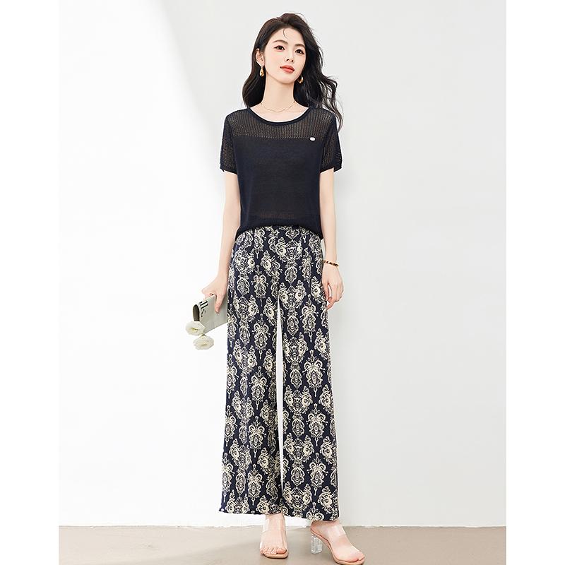 Lazy style loose hollow solid color top+printed casual pants two-piece set