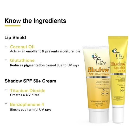 Fixderma Shadow Sunscreen SPF 50+ Cream PA+++ и Shadow SPF 50 Lip Shield PA+++ Combo | Солнцезащитный крем SPF 50 для сухой кожи | Бальзам для губ SPF 50
