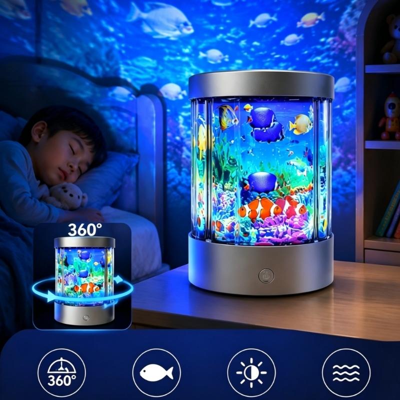 Cylindrical LED Simulation Aquarium Night Light Artificial Ocean Fish Tank Decor Lamp Mini Desktop Decorative Atmosphere Light