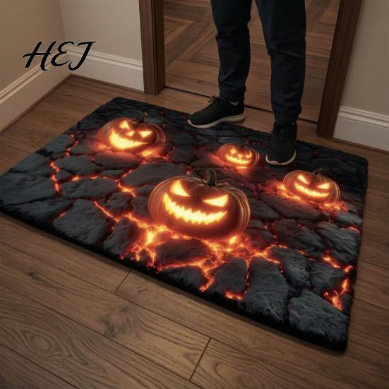 Skeleton Pit Rug 3D Halloween Rug, Optical Illusion Realistic Depth Pattern, Horror Entryway Decoration Spooky Pumpkin Non-slip Door Mat for