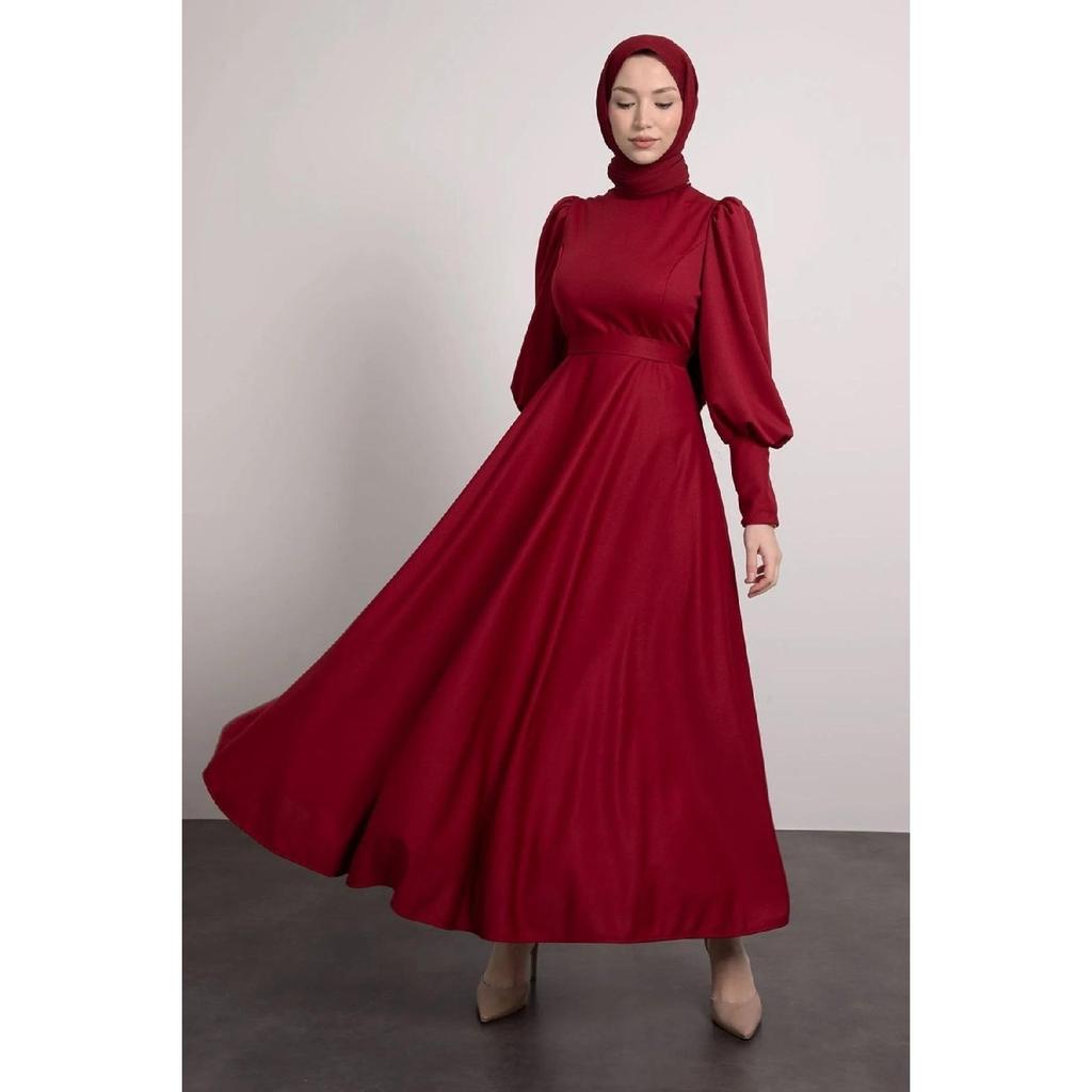 Balloon Sleeve Pleated Skirt Detailed Hijab Dress